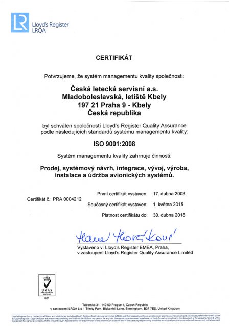 Certifikát kvality podle normy ISO 9001:2008